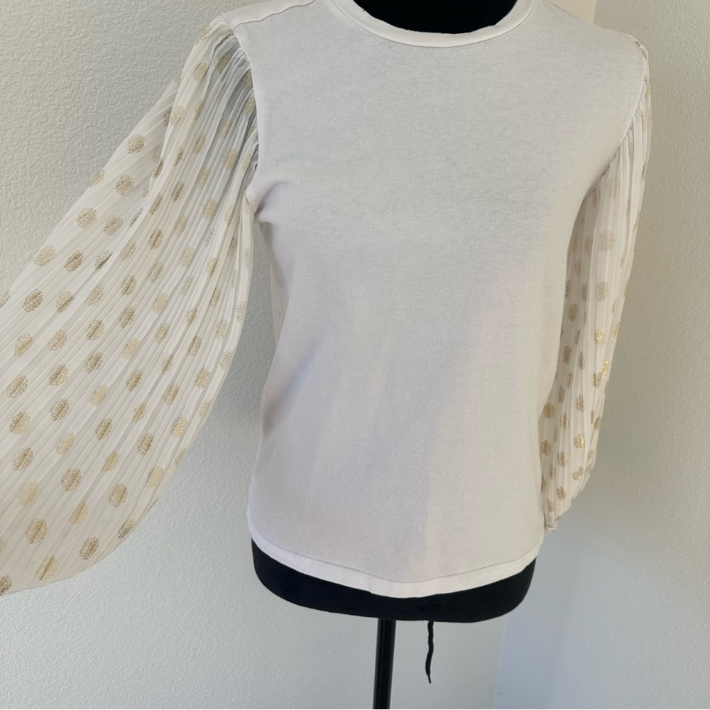 Express Women's White Top with Sheer Gold Polka‎ Dot Sleeves Small
